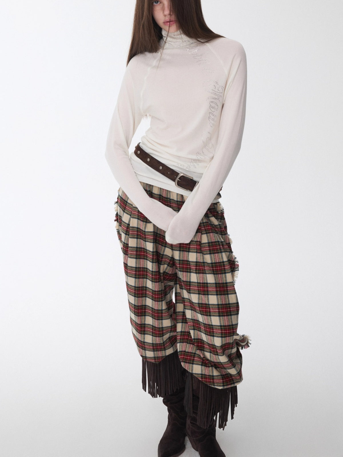 Vintage Red Plaid Brushed Cotton Wide-Leg Pants