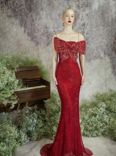 Crimson Starlight Butterfly Embellished Gown