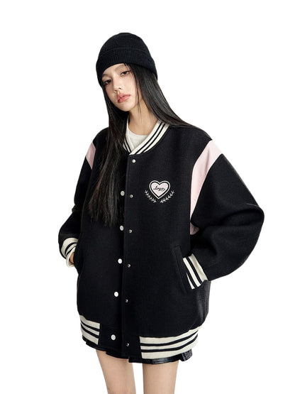 White &amp; Black Heart Embroidered Baseball Jacket