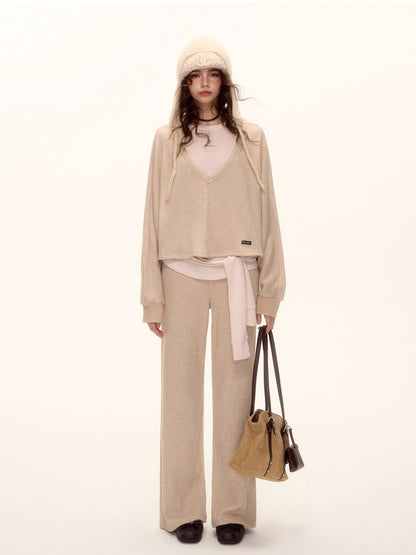 Waffle Knit V-Neck Pullover &amp; Tank Top &amp; Wide-Leg Pants Set