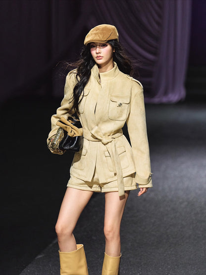 Velvet Suede Jacket &amp; Shorts Two-Piece Set