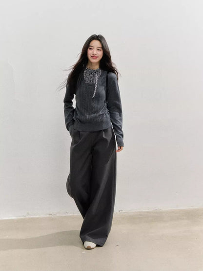 Plaid Panel Fold-Over Waist Straight Pants