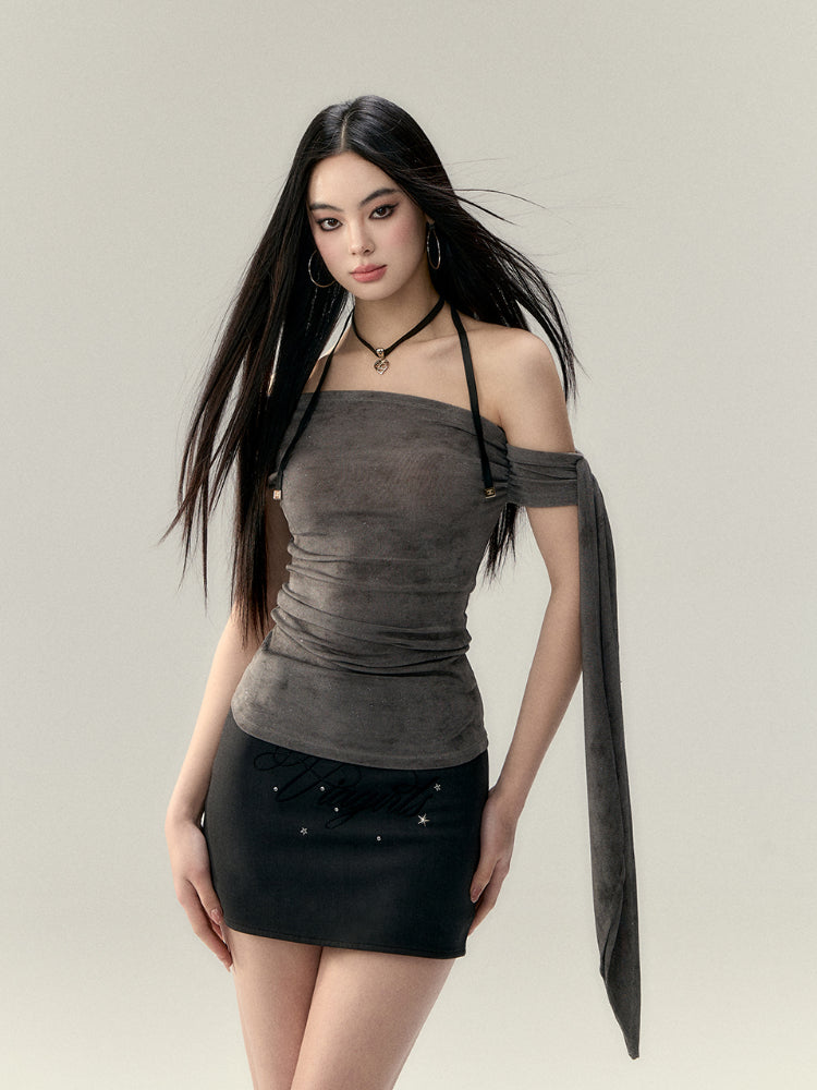 Mesh Asymmetric Shoulder Tie Sleeveless T-shirt