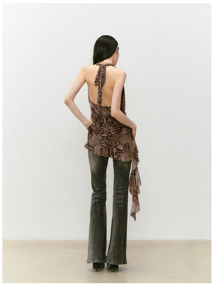 Halter Leopard Print Gathered-Waist Sleeveless Dress