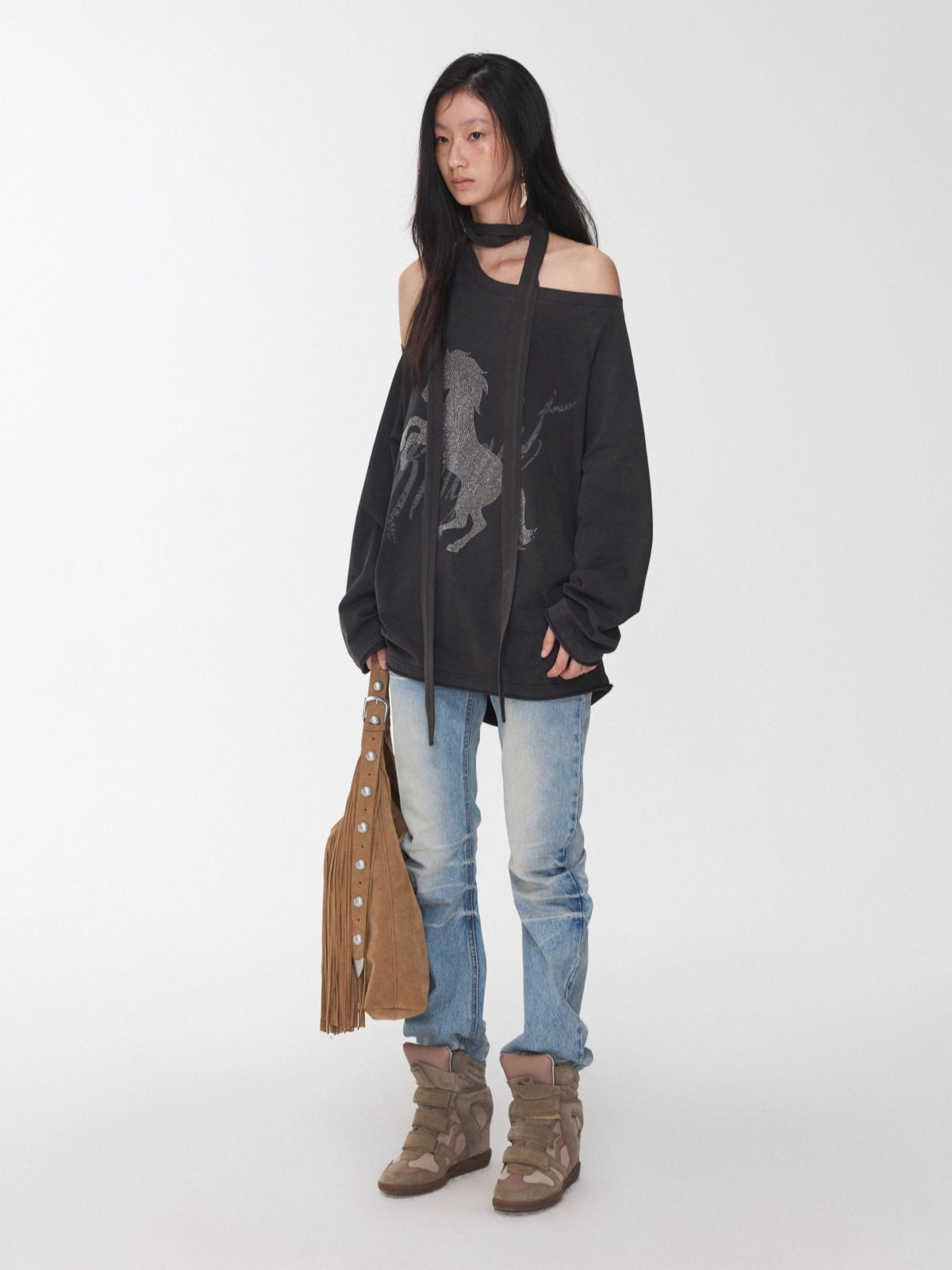 Vintage Pleated Washed Slim Curved Denim Pants