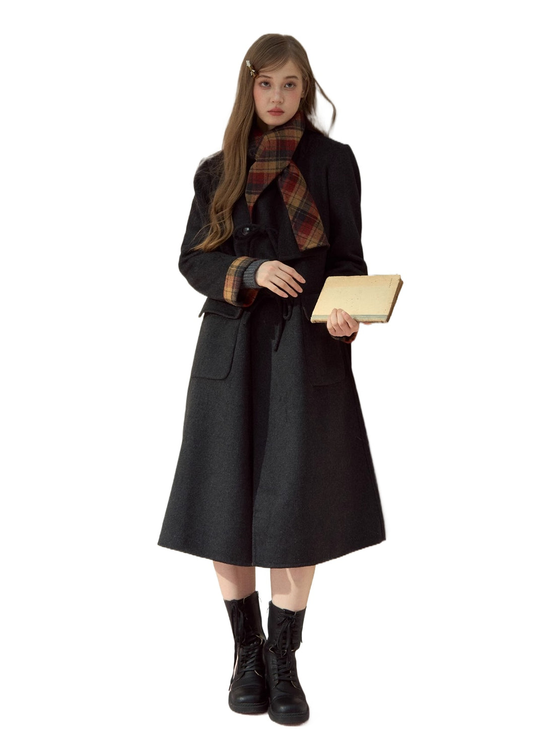 Check Wool-Blend Coat with Scarf