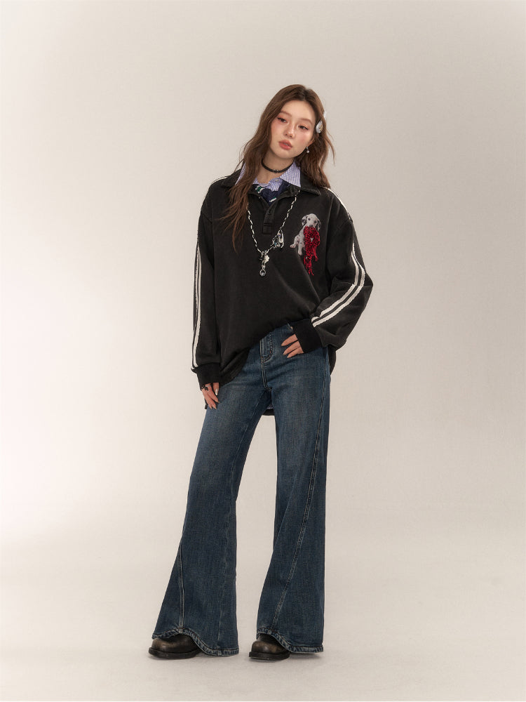 Wavy Hem Bell-bottom Straight-Leg Jeans