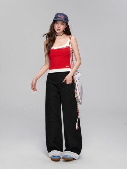 Lace-Trim Relaxed Blade-Cut Pants