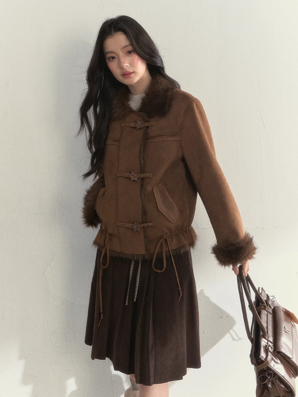 Oak Brown Suede Embroidered Shearling Jacket