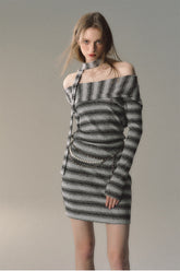 Grey & Khaki Striped Knit Mini Dress - CHINASQUAD