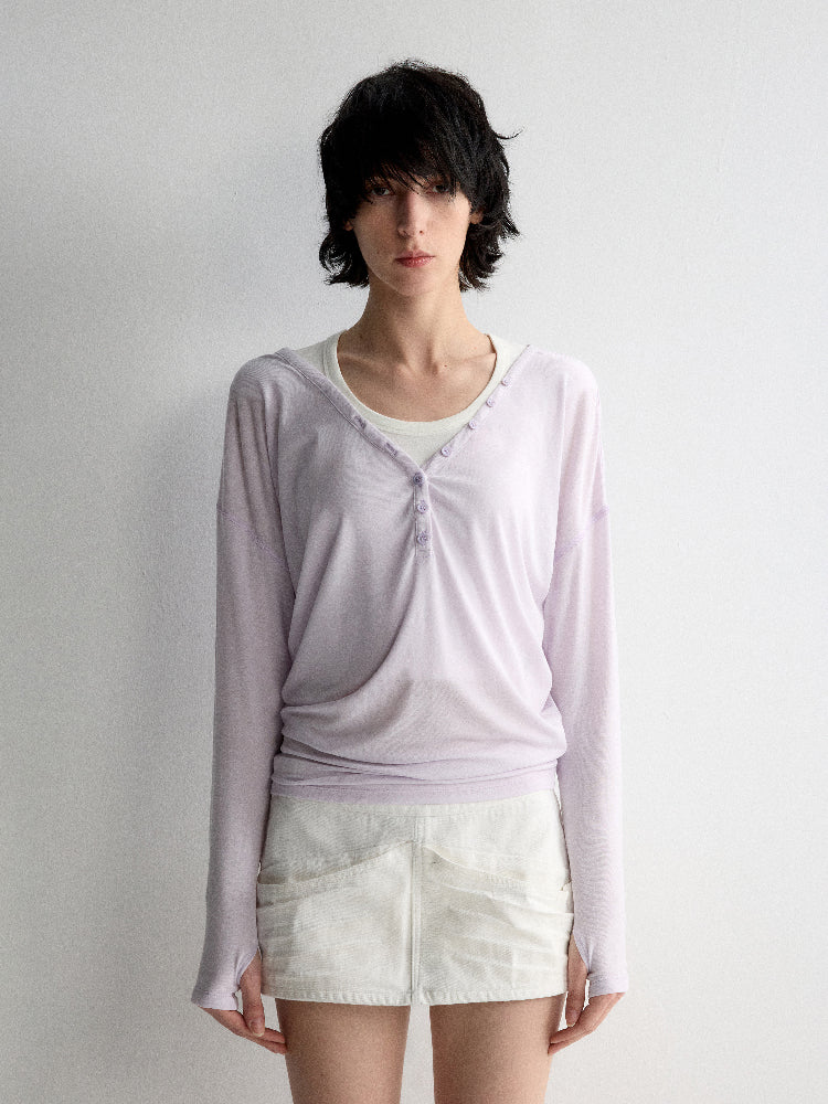 Tencel Linen V-neck Long Sleeve T-shirt