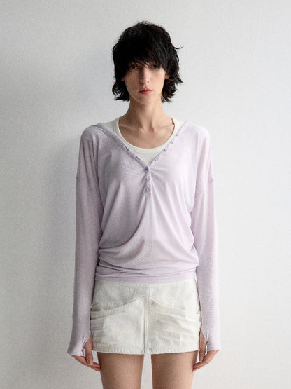 Tencel Linen V-neck Long Sleeve T-shirt