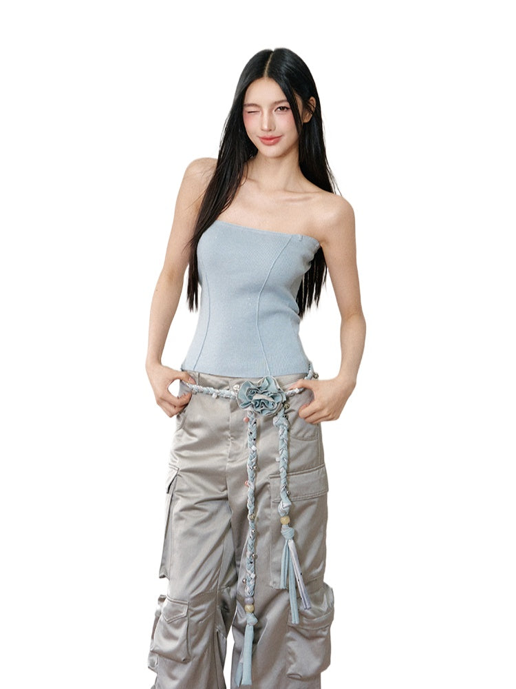 Light-Colored Waist-Cinched Bandeau Tube Top