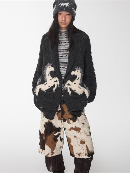 Pony Jacquard Horn-Button Chunky Cardigan