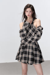 Black Plaid A-line Halter Mini Dress - CHINASQUAD