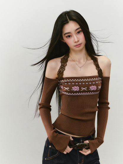 Lace Halter Two-way One-shoulder Sweater - CHINASQUAD