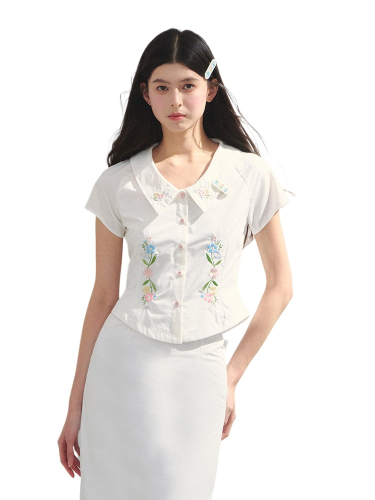 Embroidered Short-sleeve Waist-cinching Shirt &amp; Skirt Set