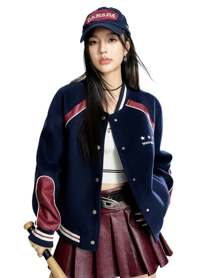 Navy Block Faux Leather Baseball Jacket