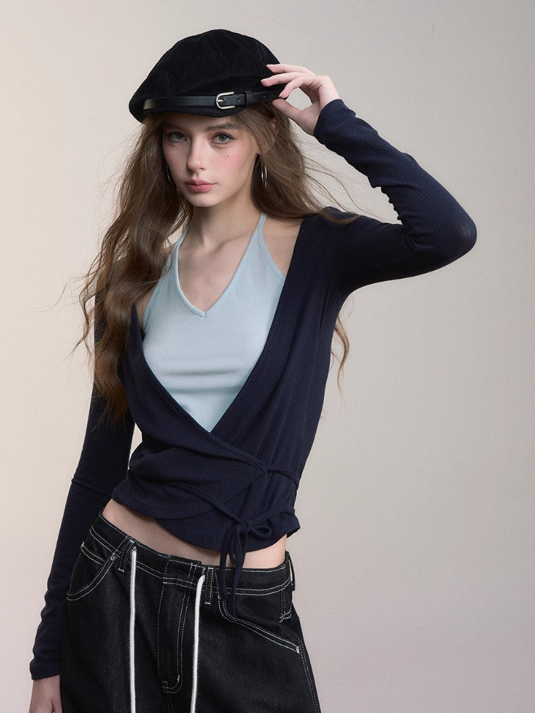 Fake Two-Piece Color-Blocked Strappy T-Shirt - CHINASQUAD