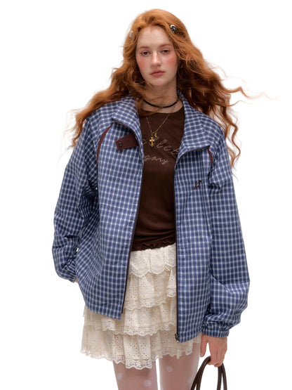 Retro Plaid Colorblock Windbreaker Jacket