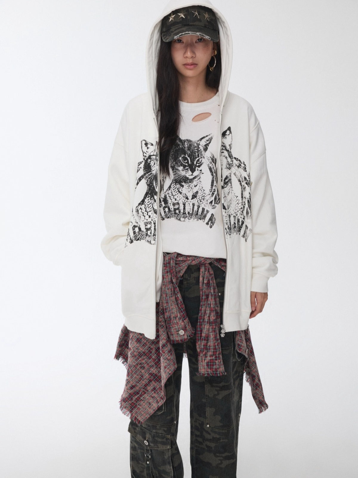 Cat Print Double-Zip Convertible Hoodie