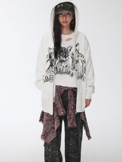 Cat Print Double-Zip Convertible Hoodie