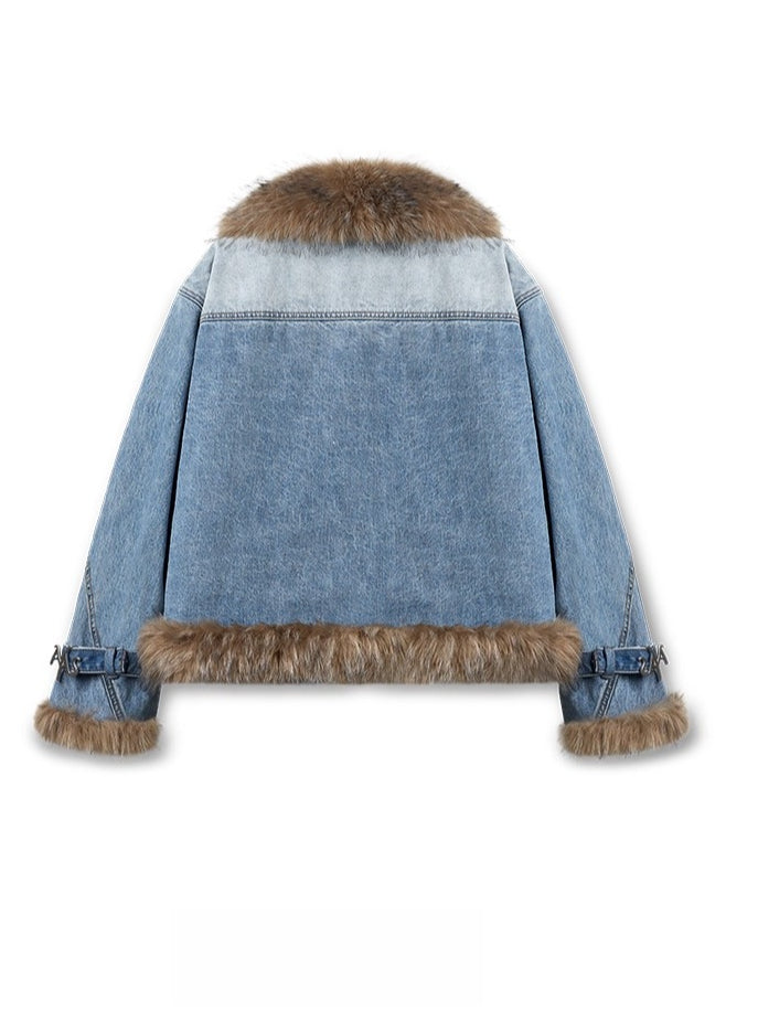 Faux-Fur Trim Washed Denim Jacket