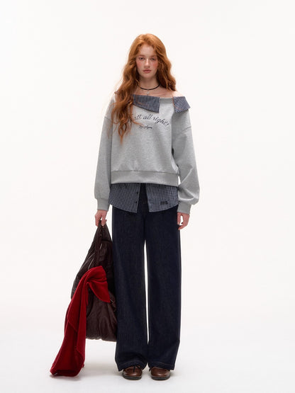 Plaid Patchwork Faux Two-Piece Straight-Leg Jeans