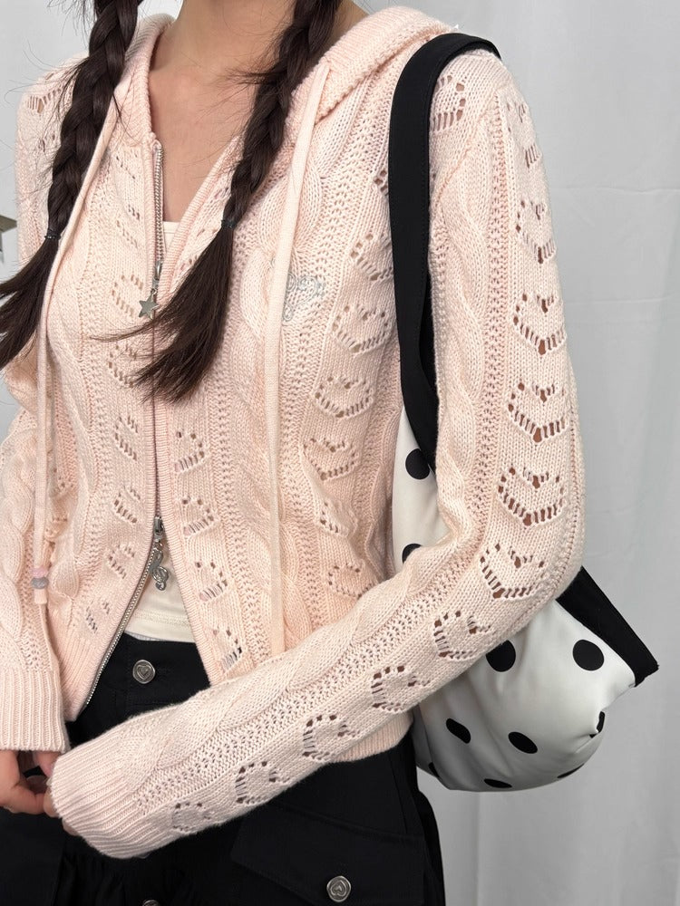 Heart Cutout Cable-Knit Hooded Cardigan