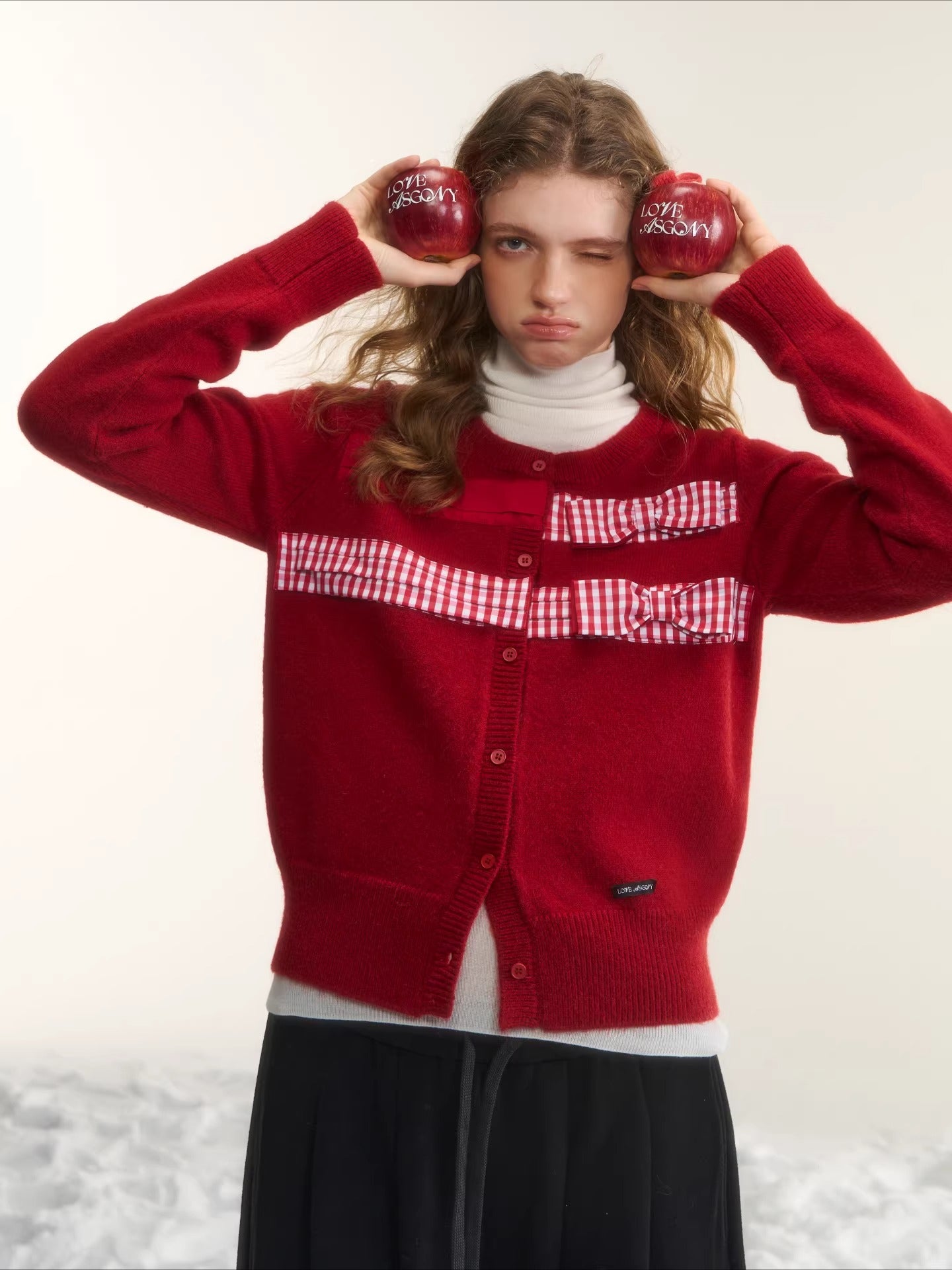 Vintage Checkered Patchwork Bow Knit Cardigan