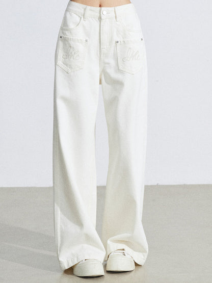 Embroidered Pocket Wide-Leg Denim Jeans