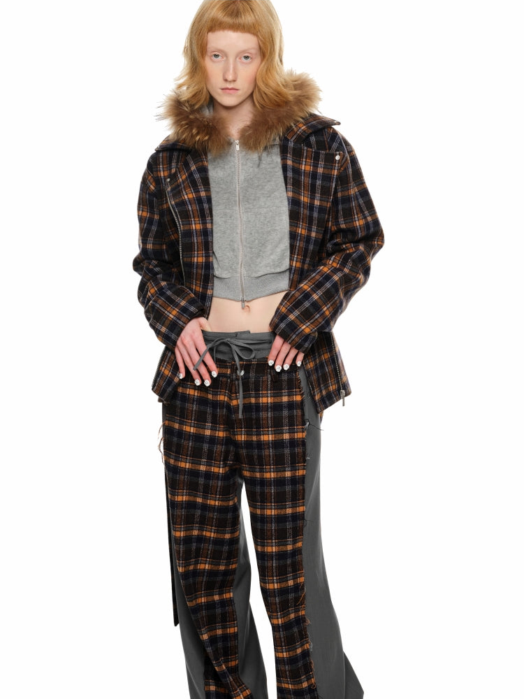 Plaid Color-Block Double-Waist Wide-Leg Pants