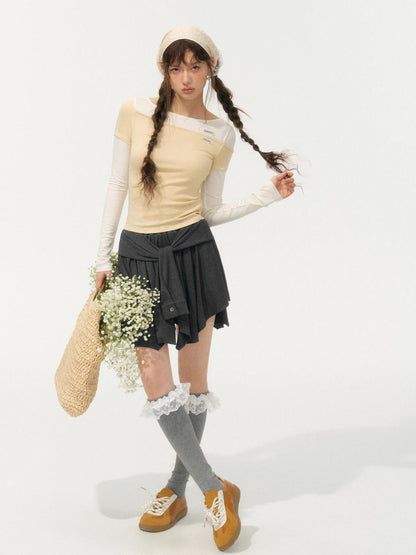 Irregular Fake Two-Piece Color-Block Knit T-shirt