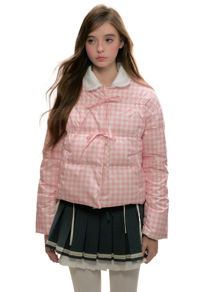 Reversible Pink Plaid &amp; White Down Jacket