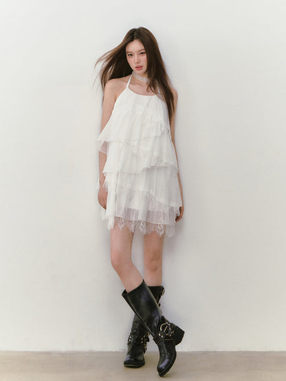 Lace-spliced Cake-style Halter Dress