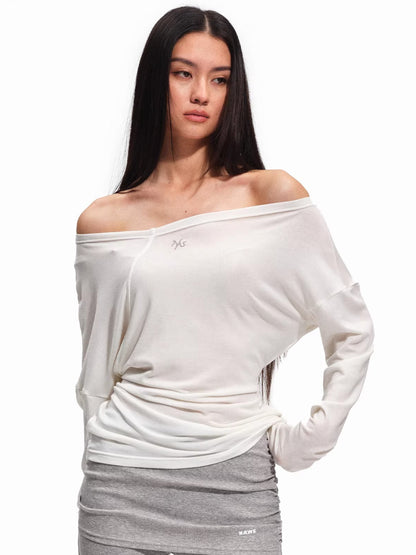 Asymmetric Off-Shoulder Wool-Lyocell Knit Tee