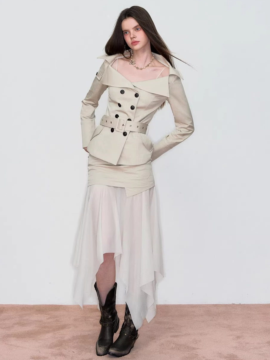 Off-Shoulder Belted Double-Breasted Blazer