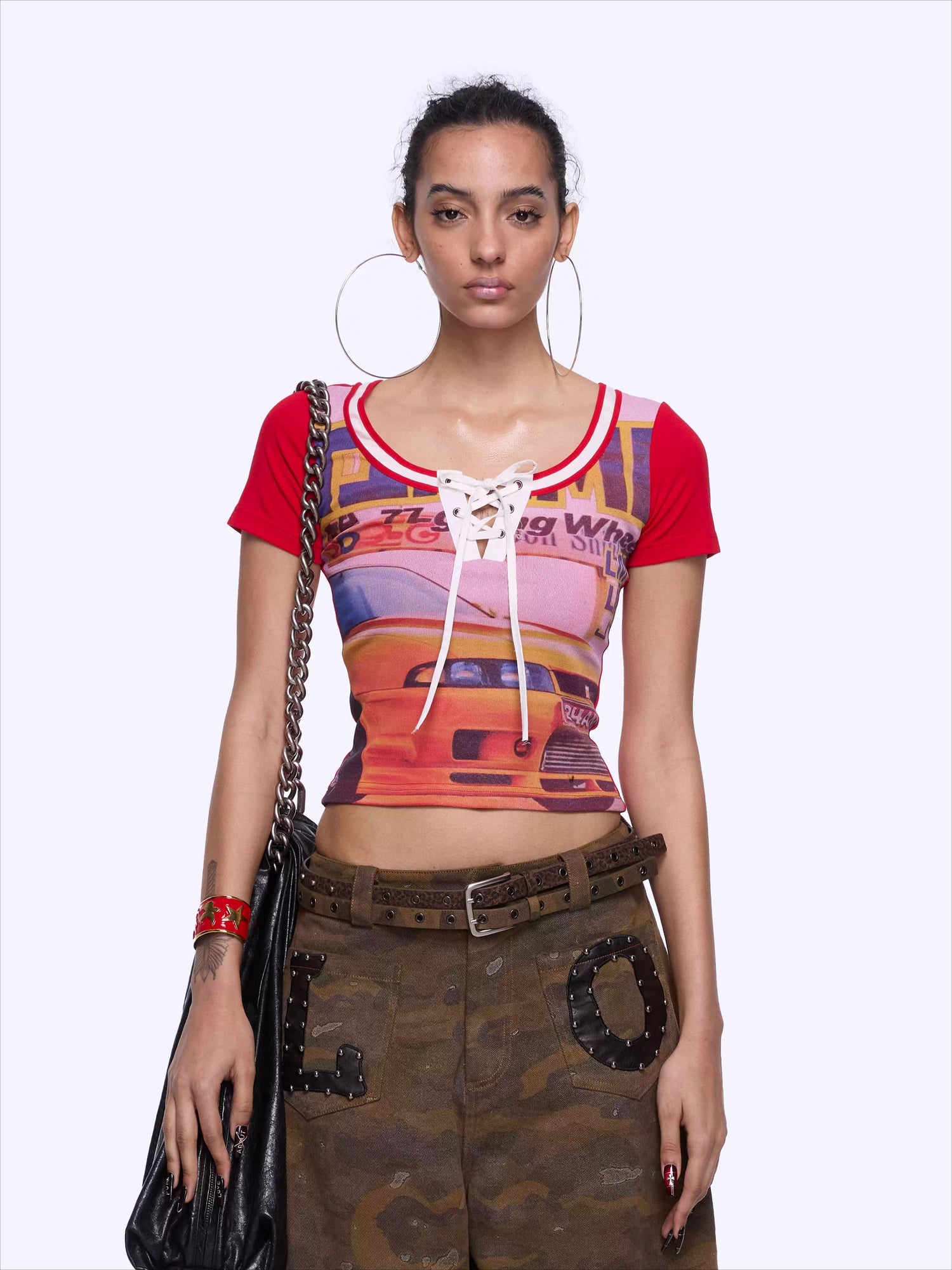 Retro Racing Print Layered-Look Patchwork T-Shirt