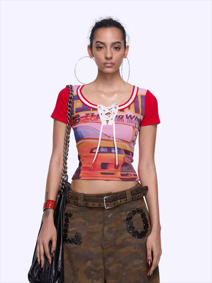 Retro Racing Print Layered-Look Patchwork T-Shirt