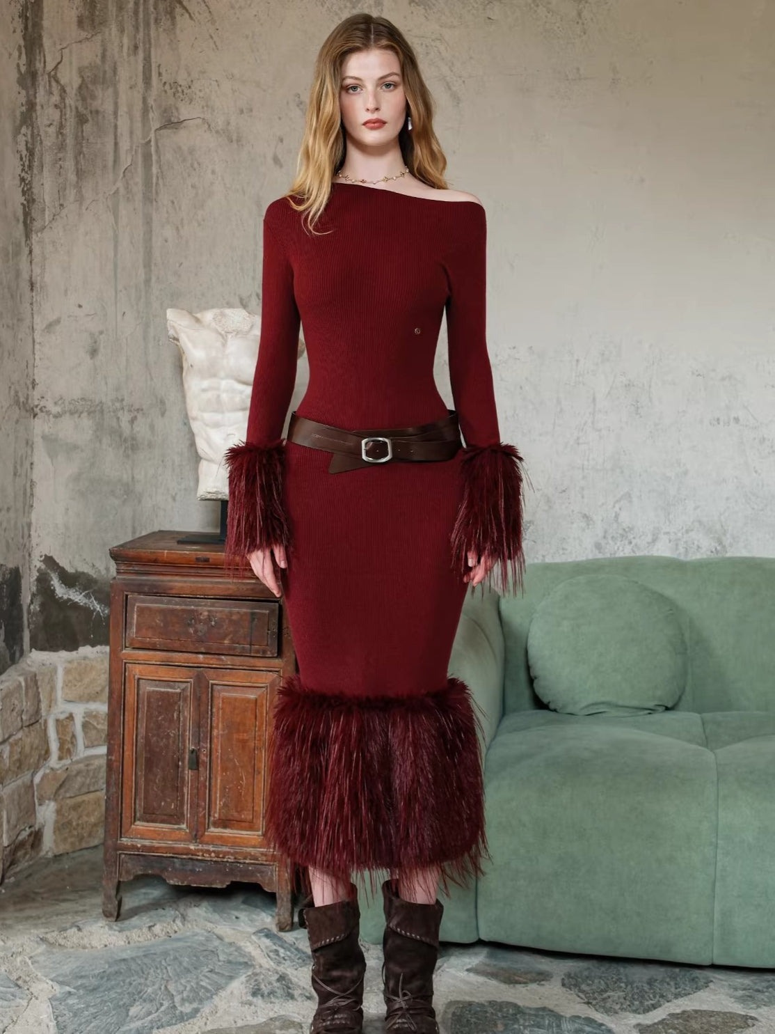 Vintage Off-Shoulder Knit Maxi Dress