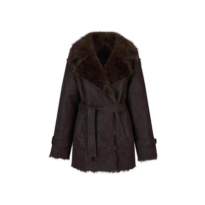 Faux Shearling-Lined PU Belted Coat