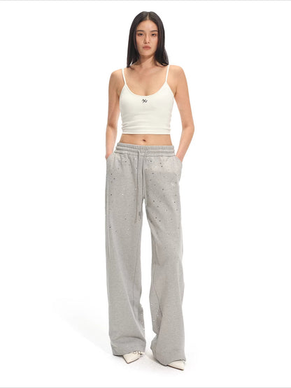 Gradient Rhinestone Cotton Knit Wide-Leg Pants