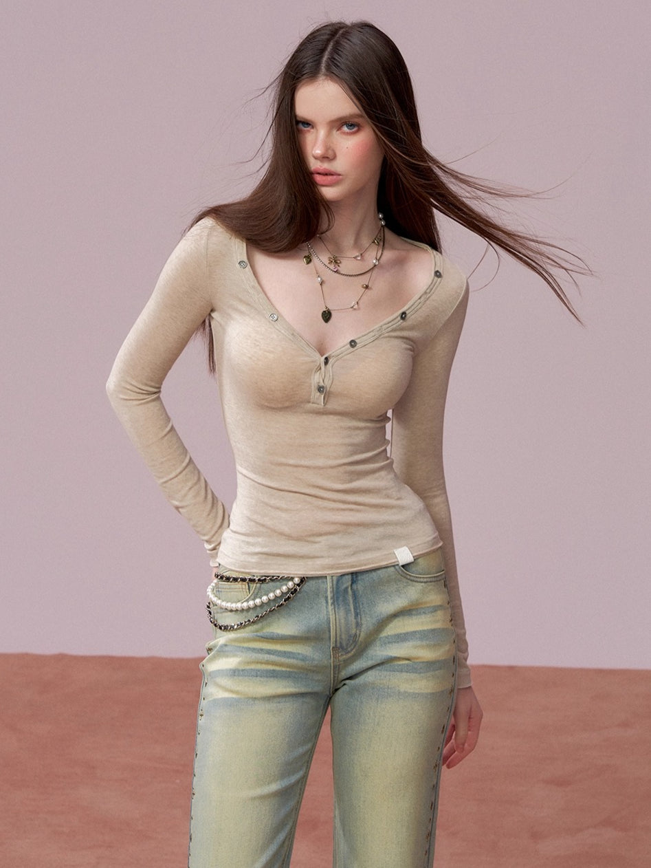 Round-Neck Fitted Knit T-Shirt