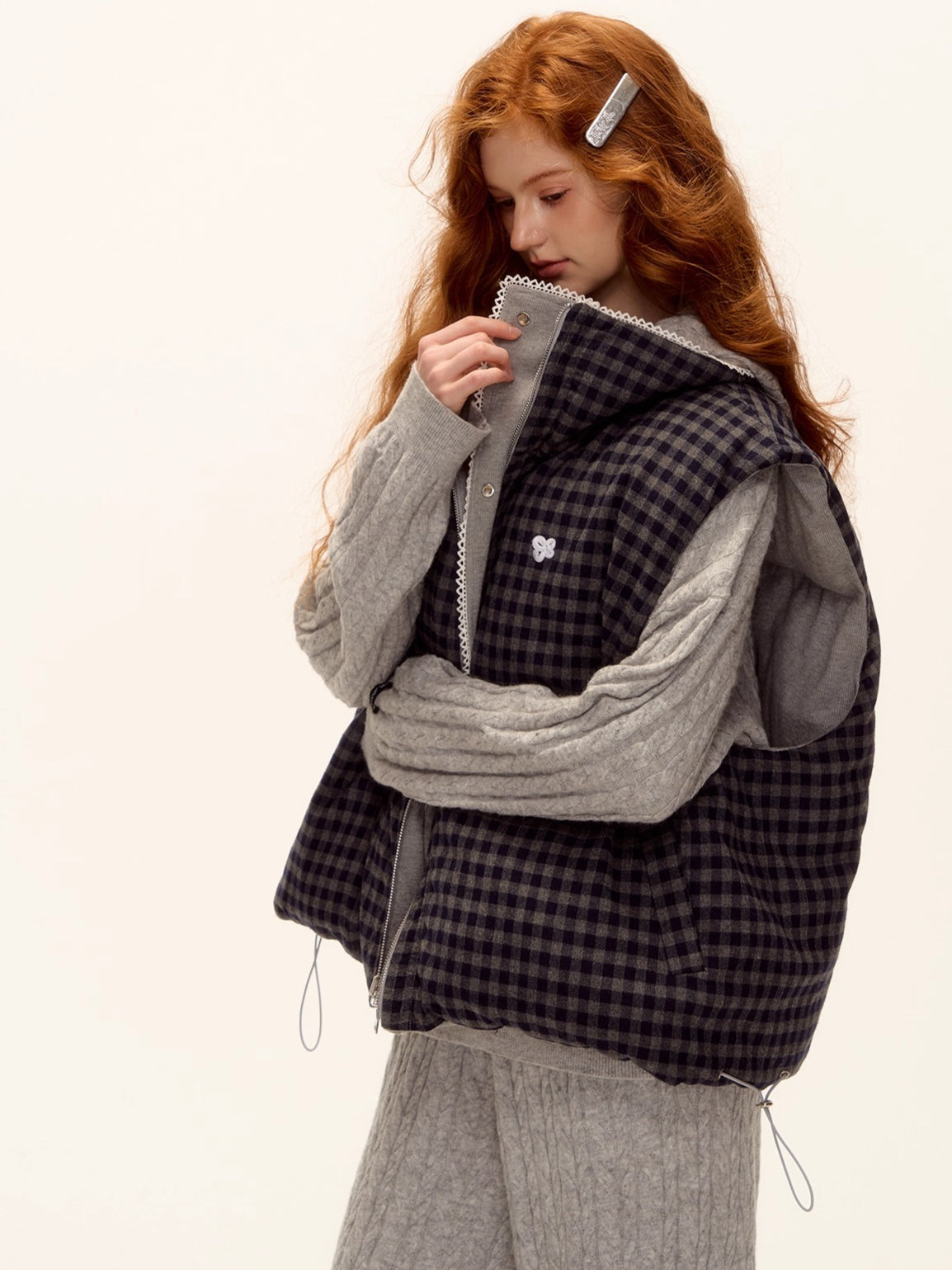 Reversible Plaid Lace-Trim Padded Vest