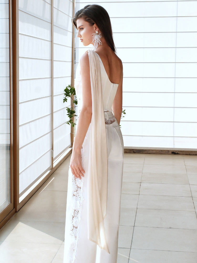 Off-Shoulder Floating Strap Cowl Neck Boned Crop Top