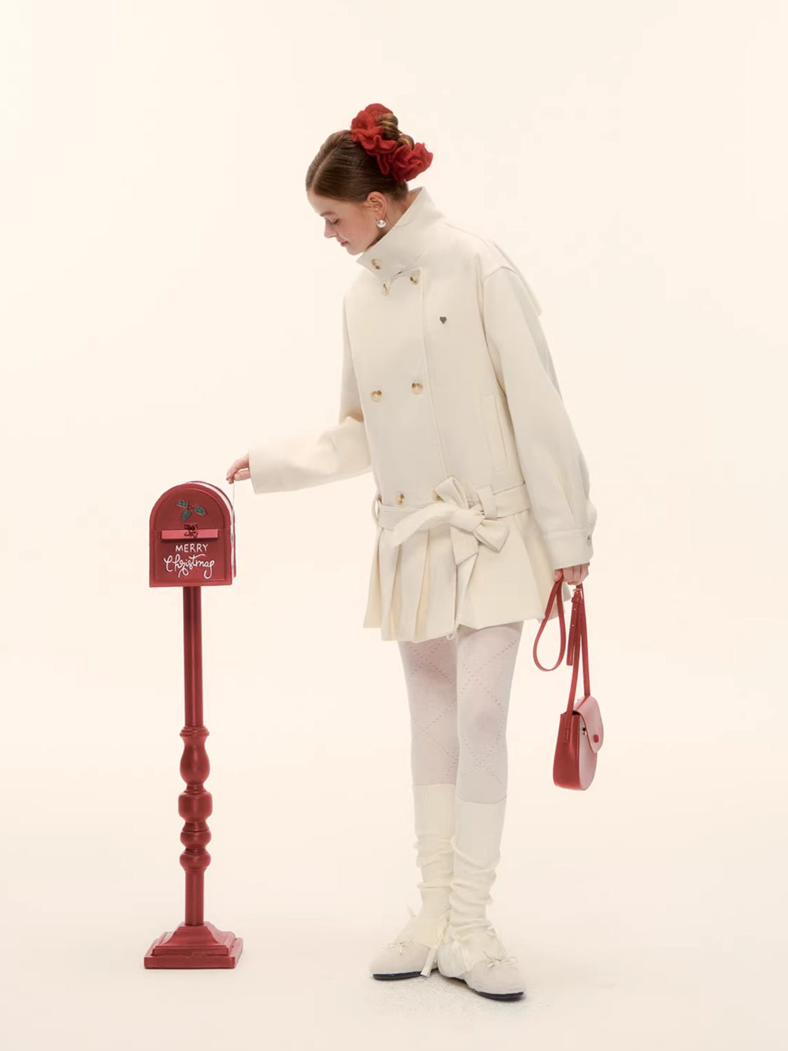 Pleated-Edge Down Wool-Blend Coat