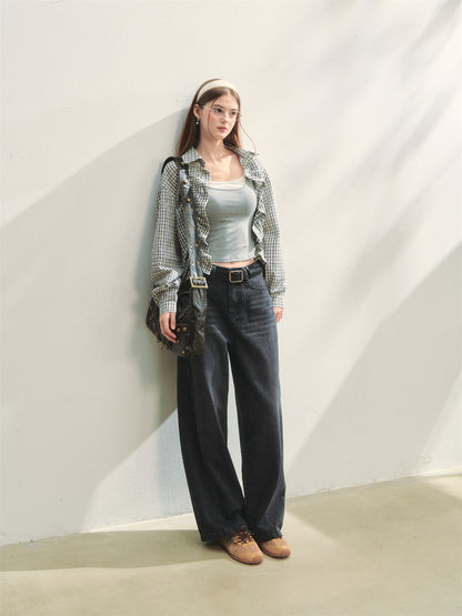 Checkered Contrast Hem Drawstring Pleated Shirt - CHINASQUAD