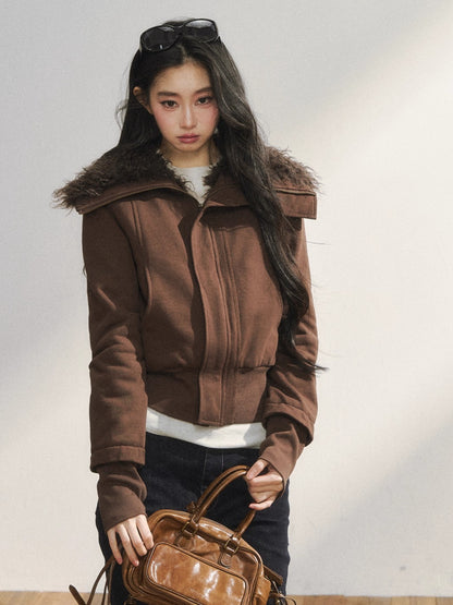 Faux Fur Collar Cropped Sweat Jacket