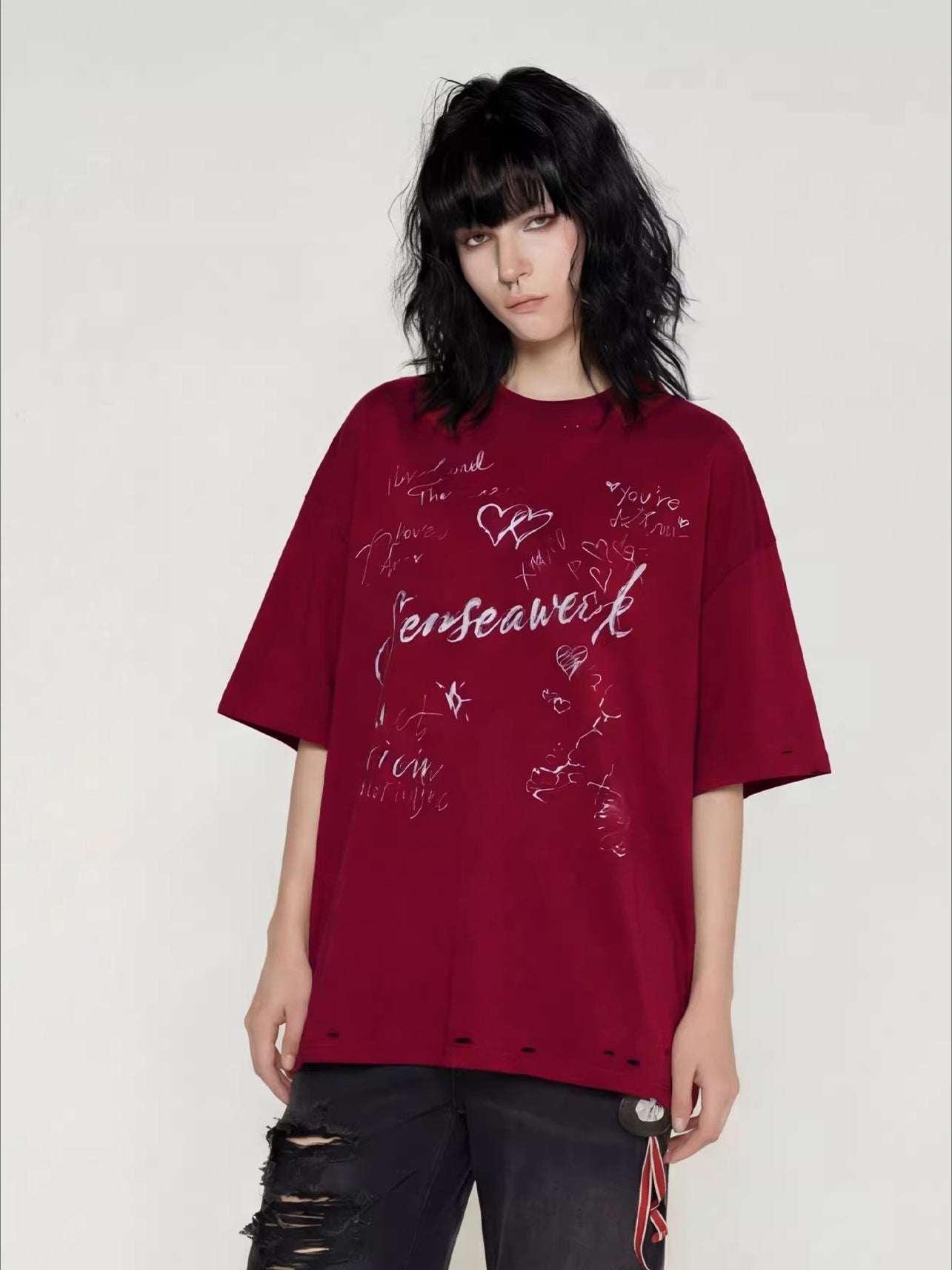 Letter Print Distressed Oversized T-Shirt
