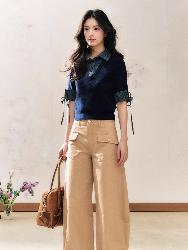 Two-Tone Flared Wide-Leg Pants